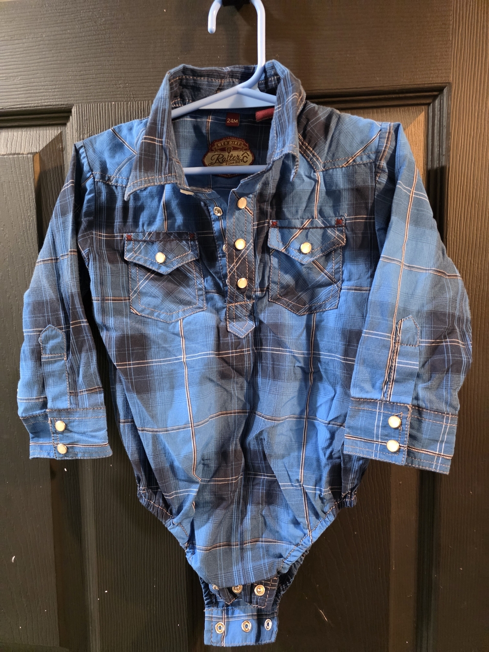 Retro-inspired Blue Plaid Button-Down Bodysuit Shirt - 24M